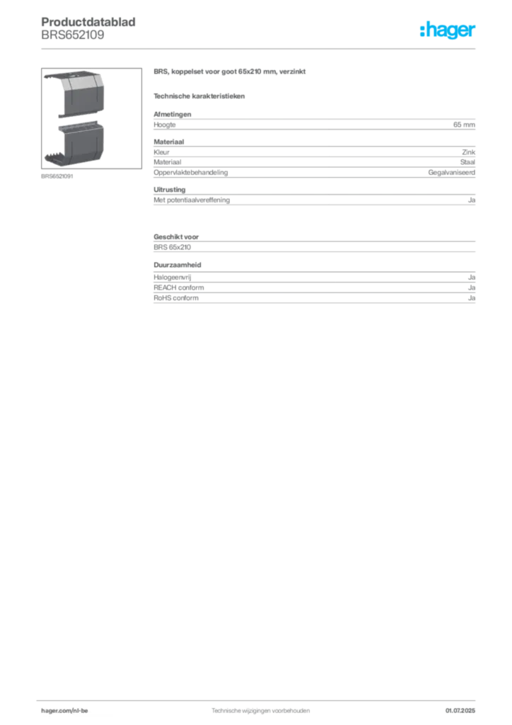 Afbeelding Hager Productdatablad BRS652109 | Hager Belgium