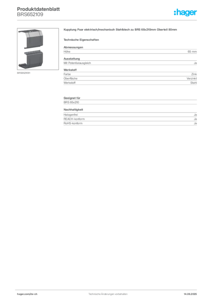 Bild Hager Produktdatenblatt BRS652109 | Hager Schweiz