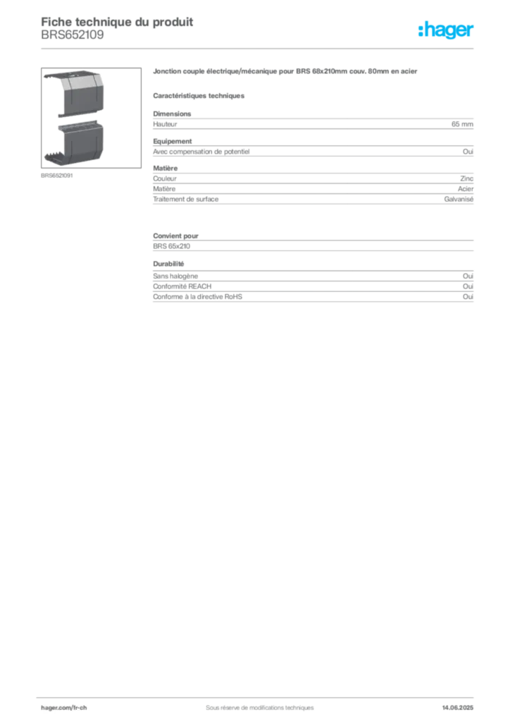 Image Hager Fiche technique du produit BRS652109 | Hager Suisse