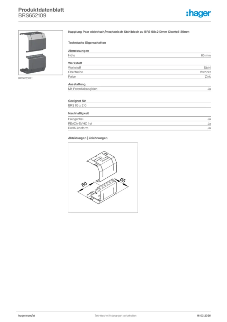 Bild Hager Produktdatenblatt BRS652109 | Hager Deutschland