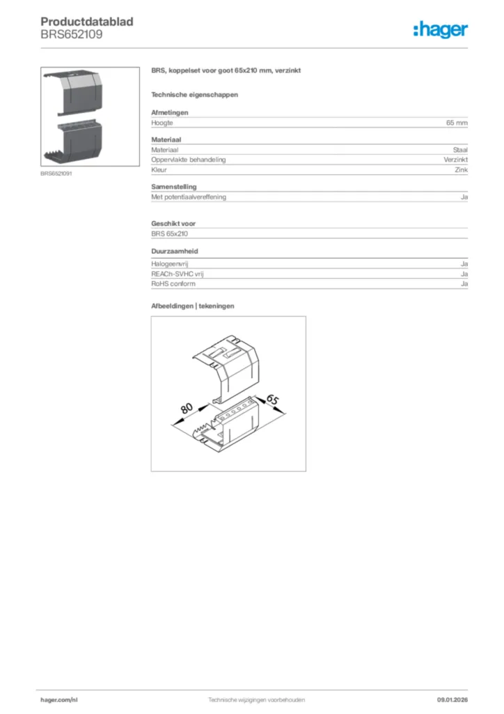 Afbeelding Hager Productdatablad BRS652109 | Hager Nederland