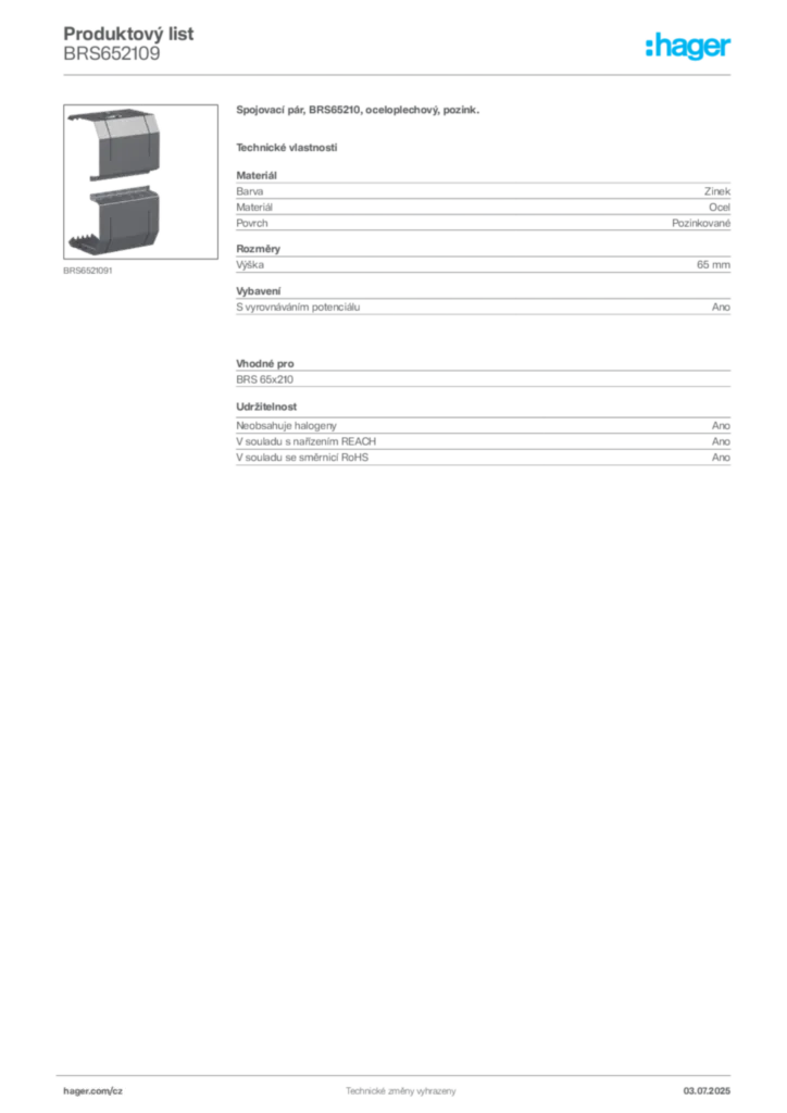 Obrázek Hager Produktový list BRS652109 | Hager
