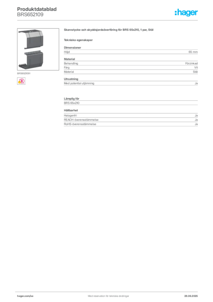 Bild Hager Produktdatablad BRS652109 | Hager Sverige