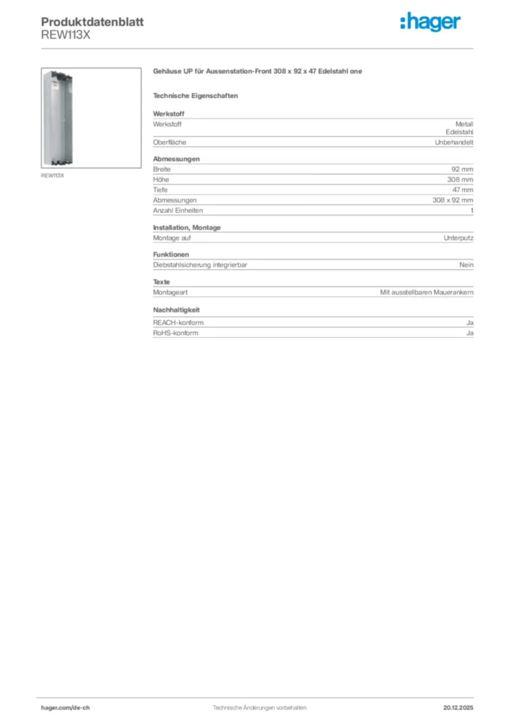 Bild Hager Produktdatenblatt REW113X | Hager Schweiz