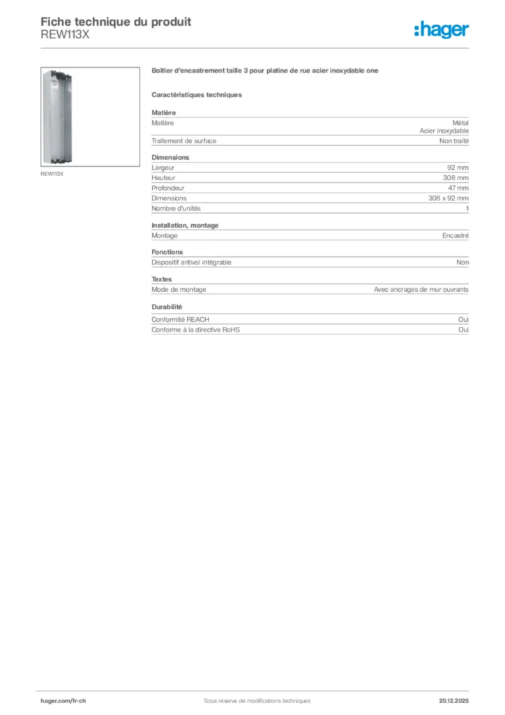 Image Hager Fiche technique du produit REW113X | Hager Suisse
