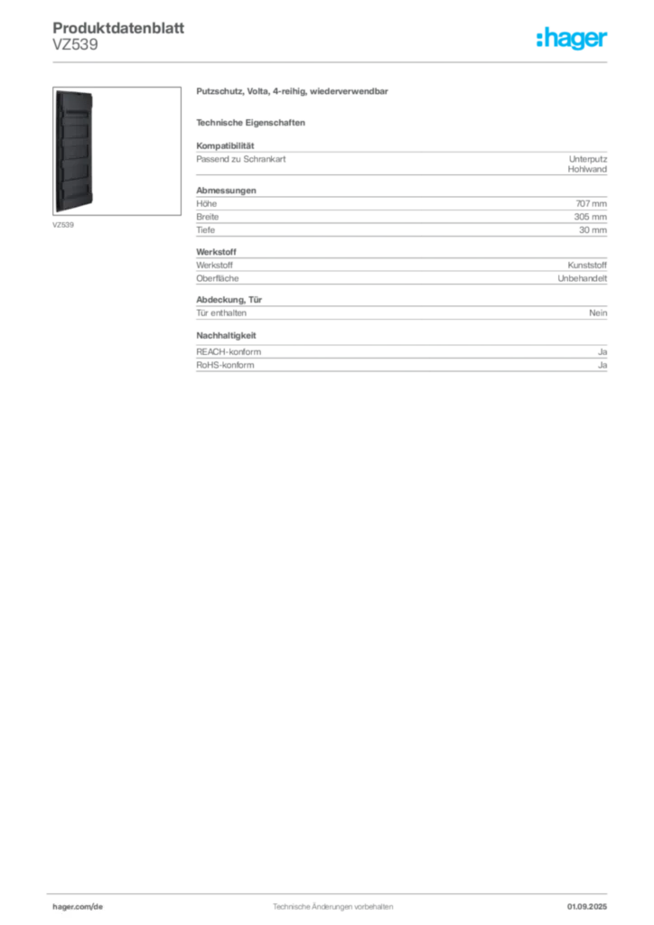 Hager Produktdatenblatt VZ539