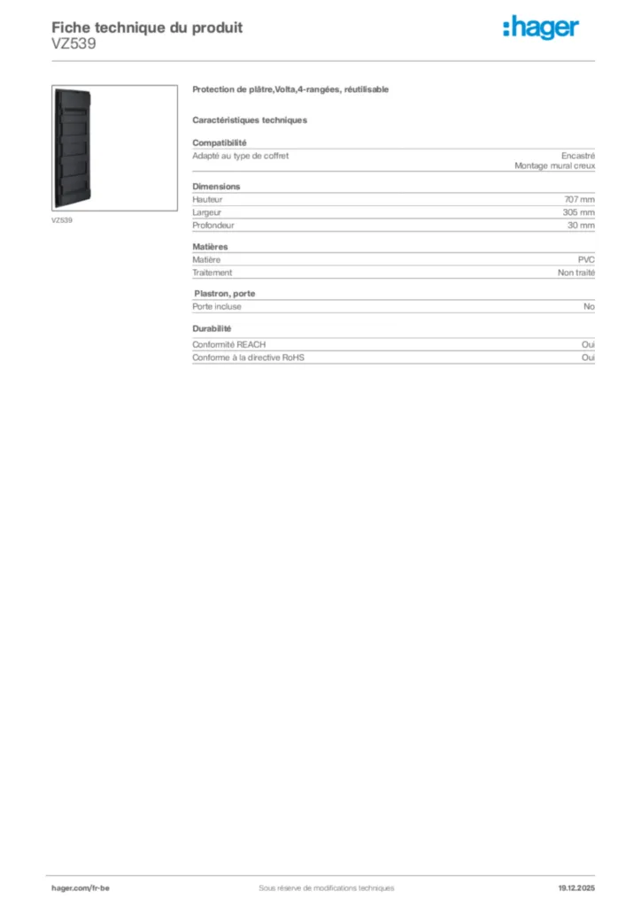 Image Hager Fiche technique du produit VZ539 | Hager Belgique