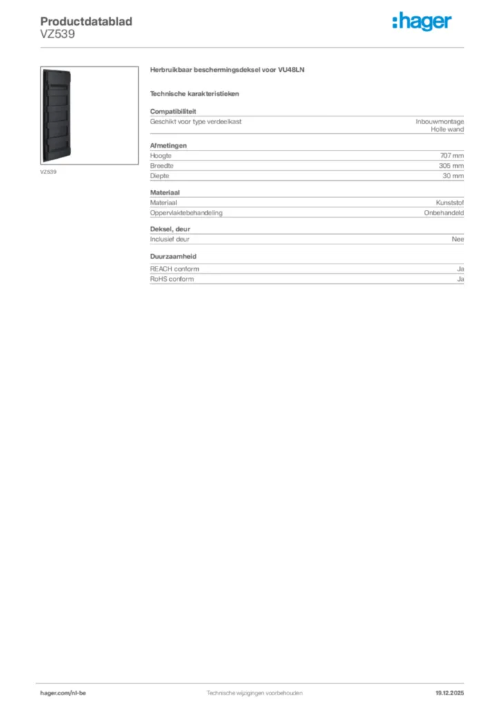 Afbeelding Hager Productdatablad VZ539 | Hager Belgium