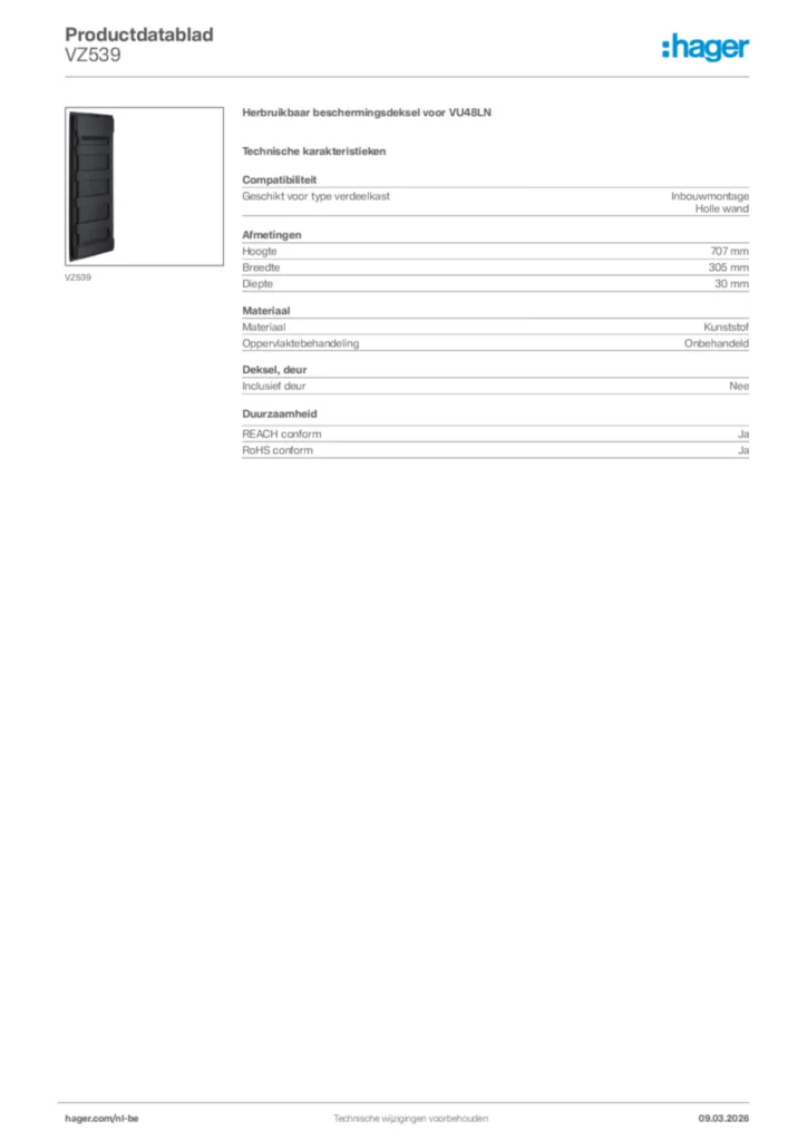 Afbeelding Hager Productdatablad VZ539 | Hager Belgium
