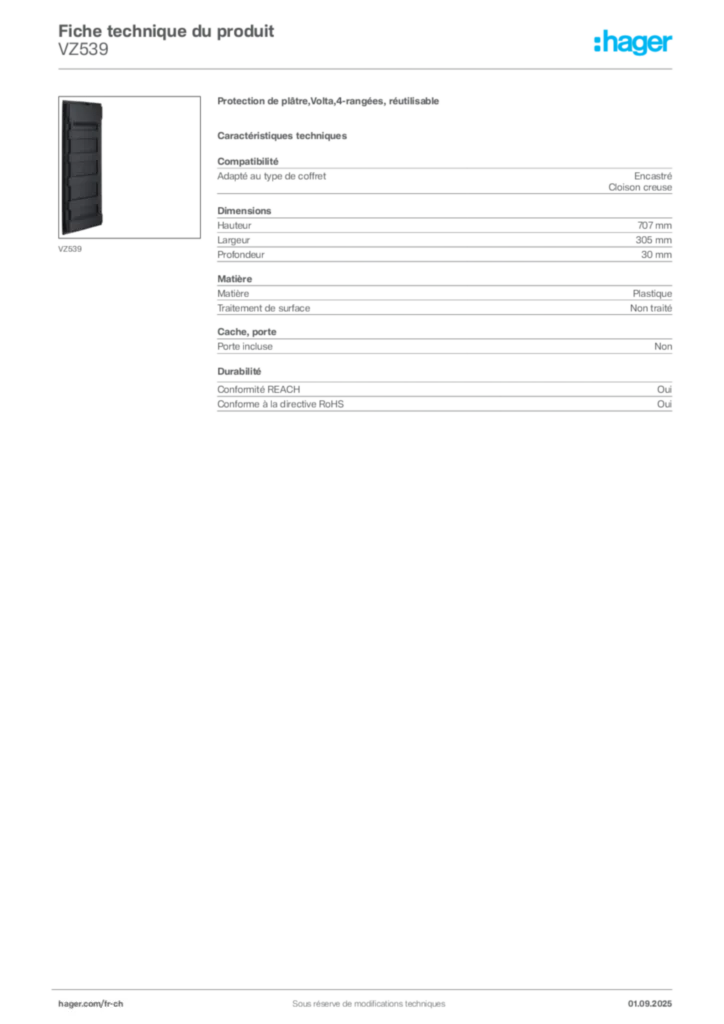 Image Hager Fiche technique du produit VZ539 | Hager Suisse