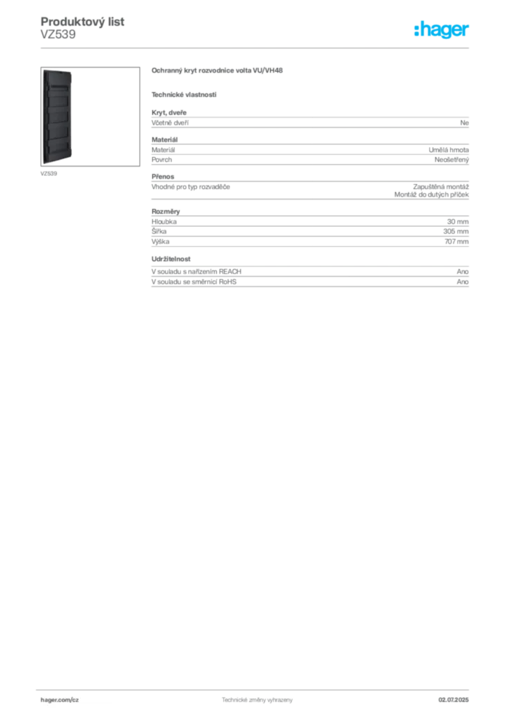Obrázek Hager Produktový list VZ539 | Hager