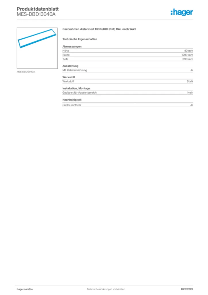 Bild Hager Produktdatenblatt MES-DBD13040A | Hager Deutschland