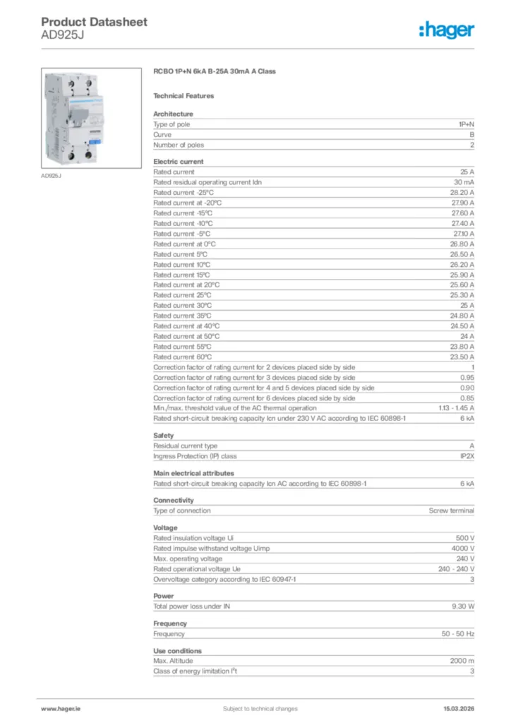 Image Hager Product data sheet AD925J  | Hager