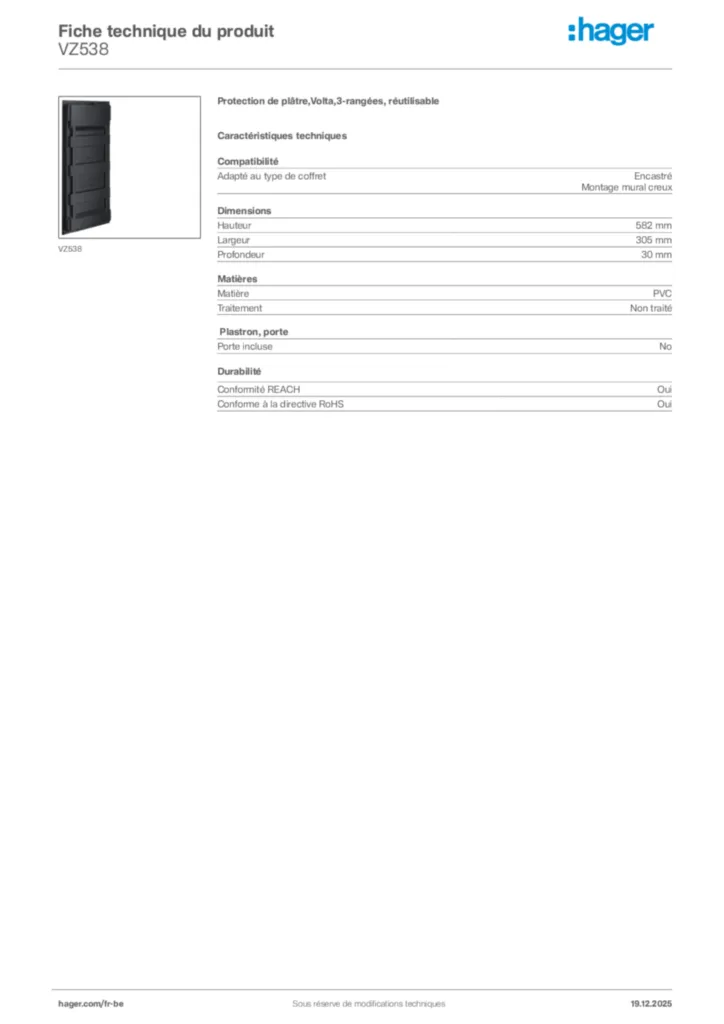 Image Hager Fiche technique du produit VZ538 | Hager Belgique