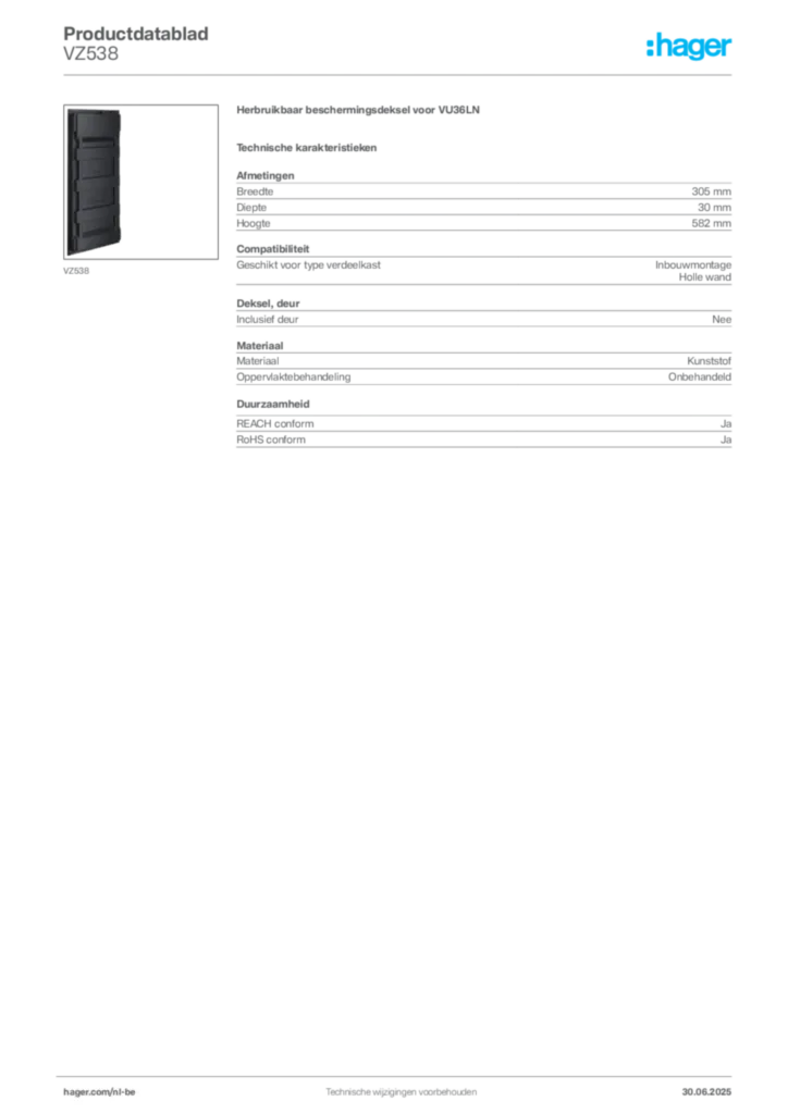 Afbeelding Hager Productdatablad VZ538 | Hager Belgium