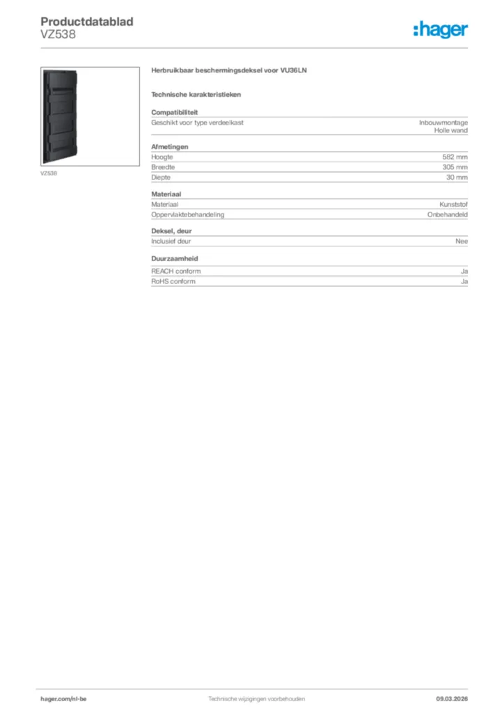 Afbeelding Hager Productdatablad VZ538 | Hager Belgium