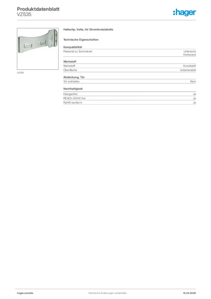 Bild Hager Produktdatenblatt VZ535 | Hager Deutschland