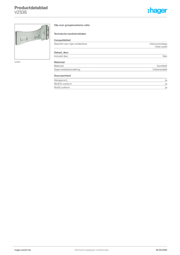Afbeelding Hager Productdatablad VZ535 | Hager Belgium