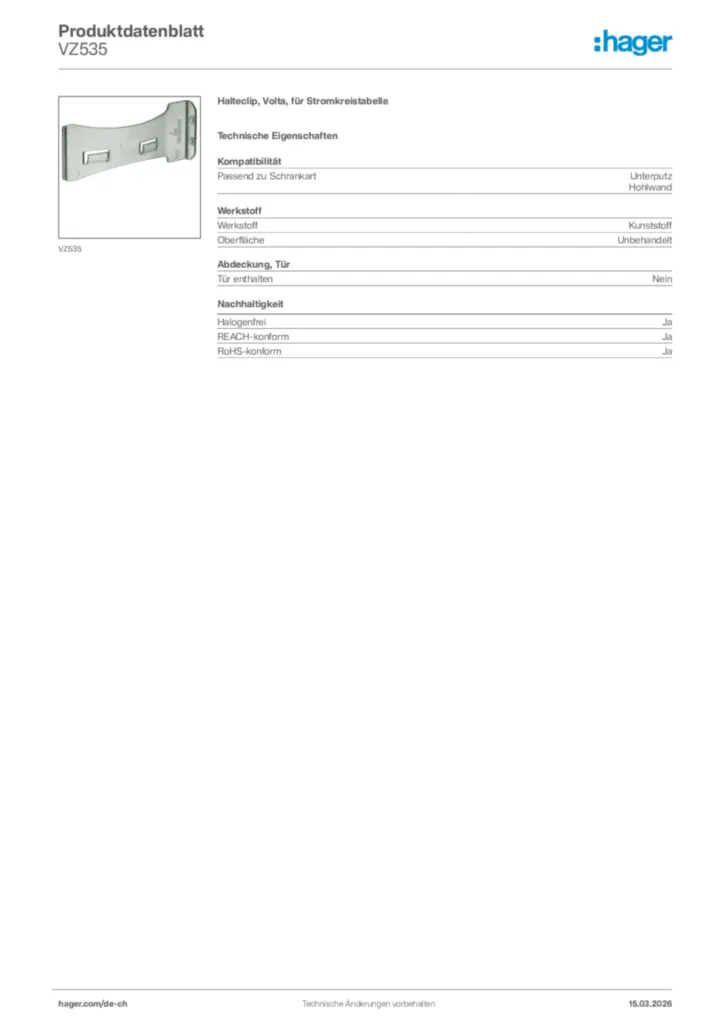 Bild Hager Produktdatenblatt VZ535 | Hager Schweiz