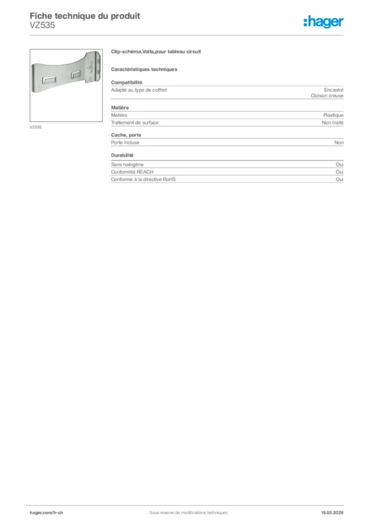 Image Hager Fiche technique du produit VZ535 | Hager Suisse