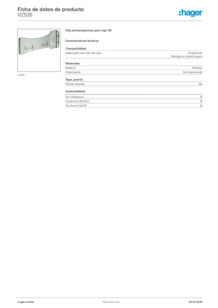 Imagen Hager Ficha de datos de producto VZ535 | Hager España