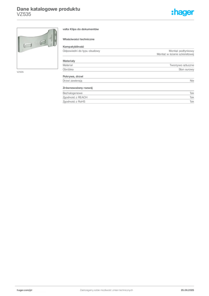 Zdjęcie Hager Karta katalogowa VZ535 | Hager Polska