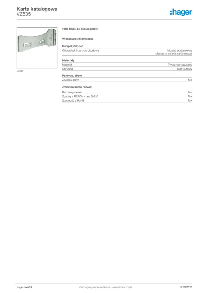 Zdjęcie Hager Karta katalogowa VZ535 | Hager Polska