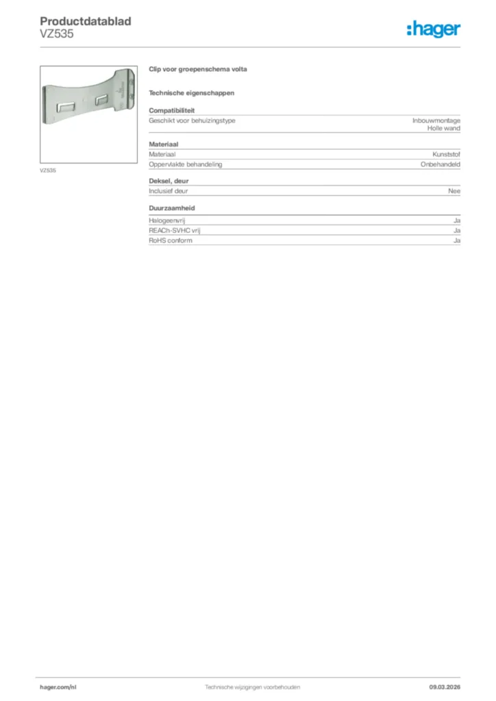 Afbeelding Hager Productdatablad VZ535 | Hager Nederland