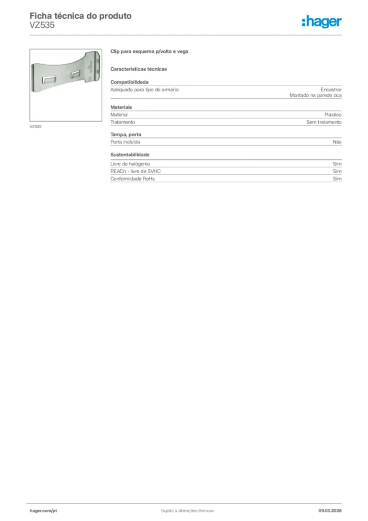 Imagem Hager Ficha técnica do produto VZ535 | Hager Portugal