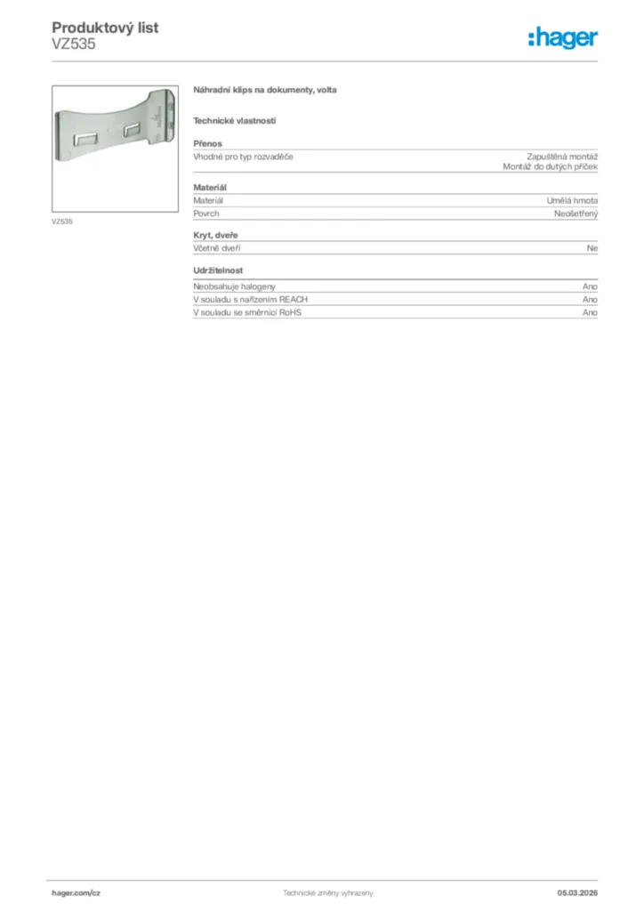 Obrázek Hager Product data sheet VZ535 | Hager