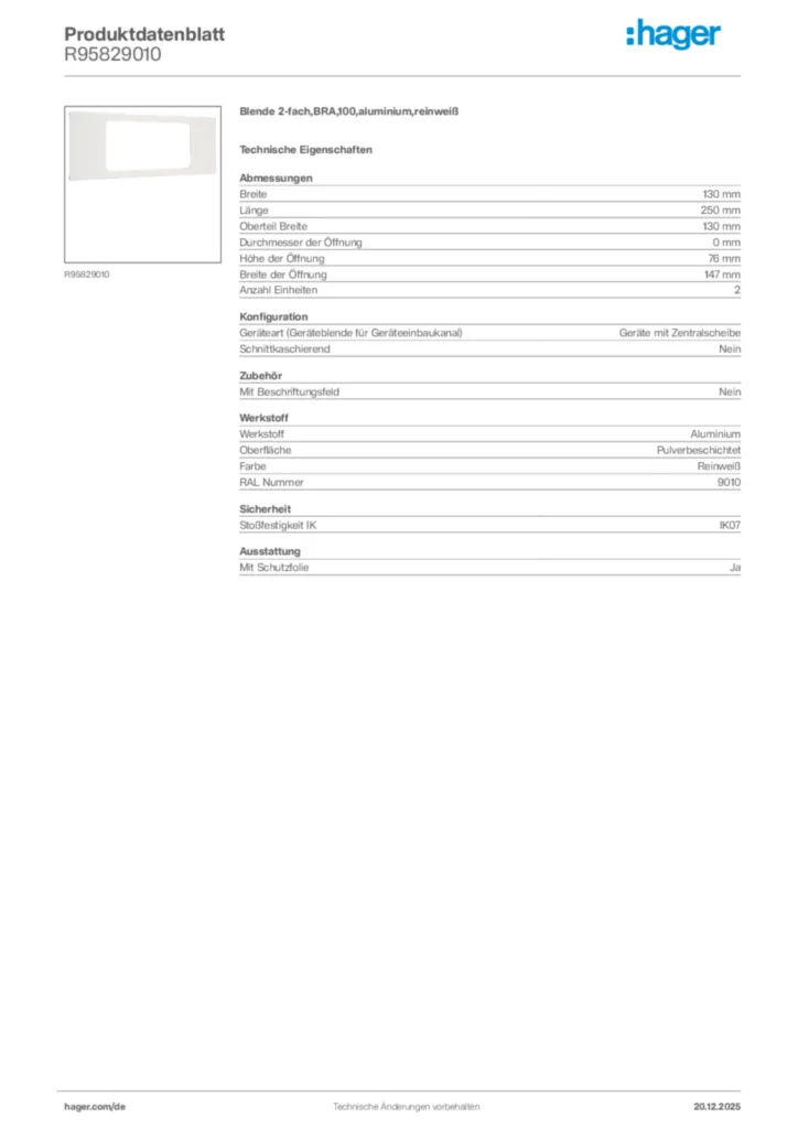 Bild Hager Produktdatenblatt R95829010 | Hager Deutschland