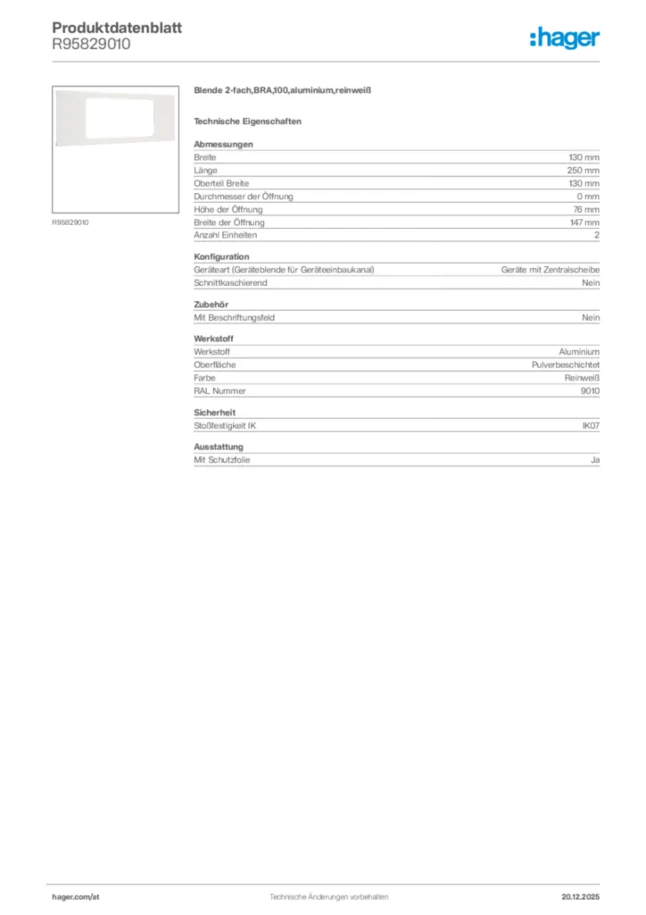 Bild Hager Produktdatenblatt R95829010 | Hager Deutschland