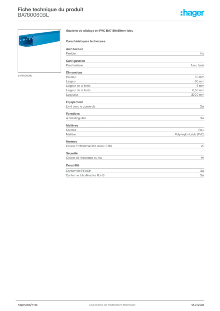 Image Hager Fiche technique du produit BA780060BL | Hager Belgique
