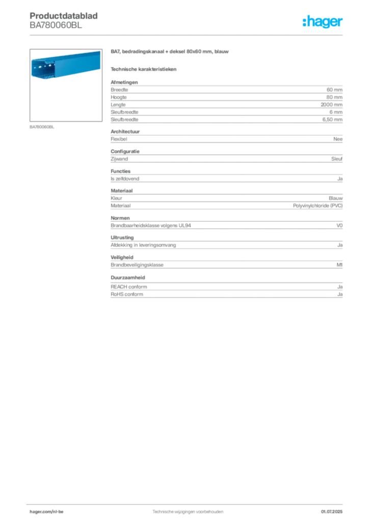 Afbeelding Hager Productdatablad BA780060BL | Hager Belgium