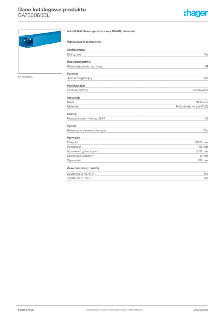 Zdjęcie Hager Karta katalogowa BA780060BL | Hager Polska