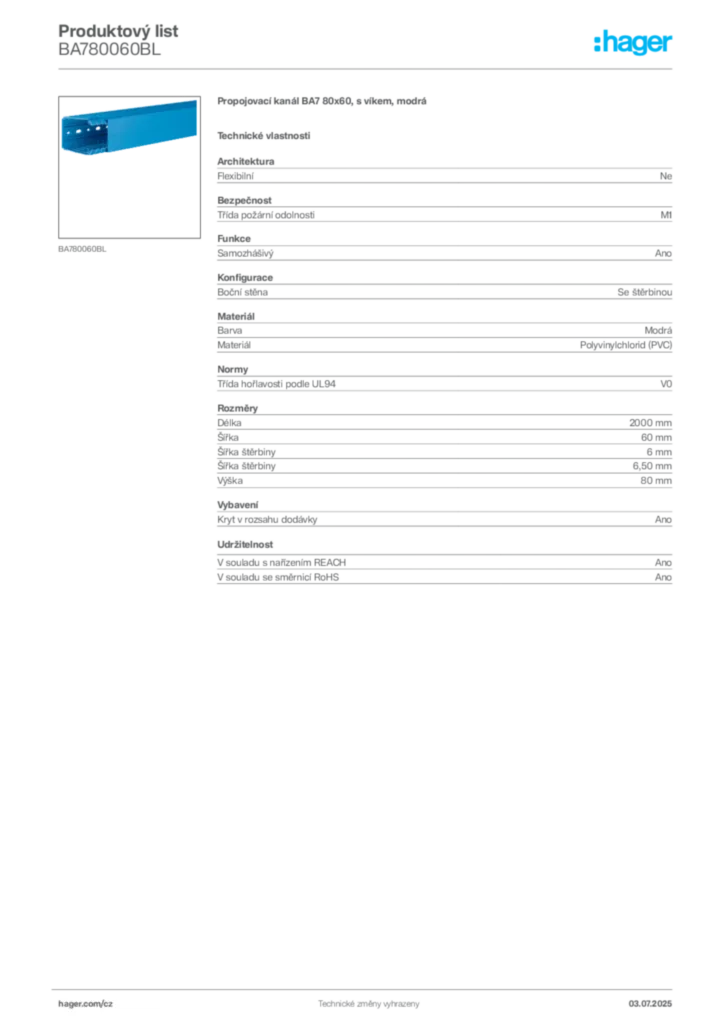Obrázek Hager Produktový list BA780060BL | Hager