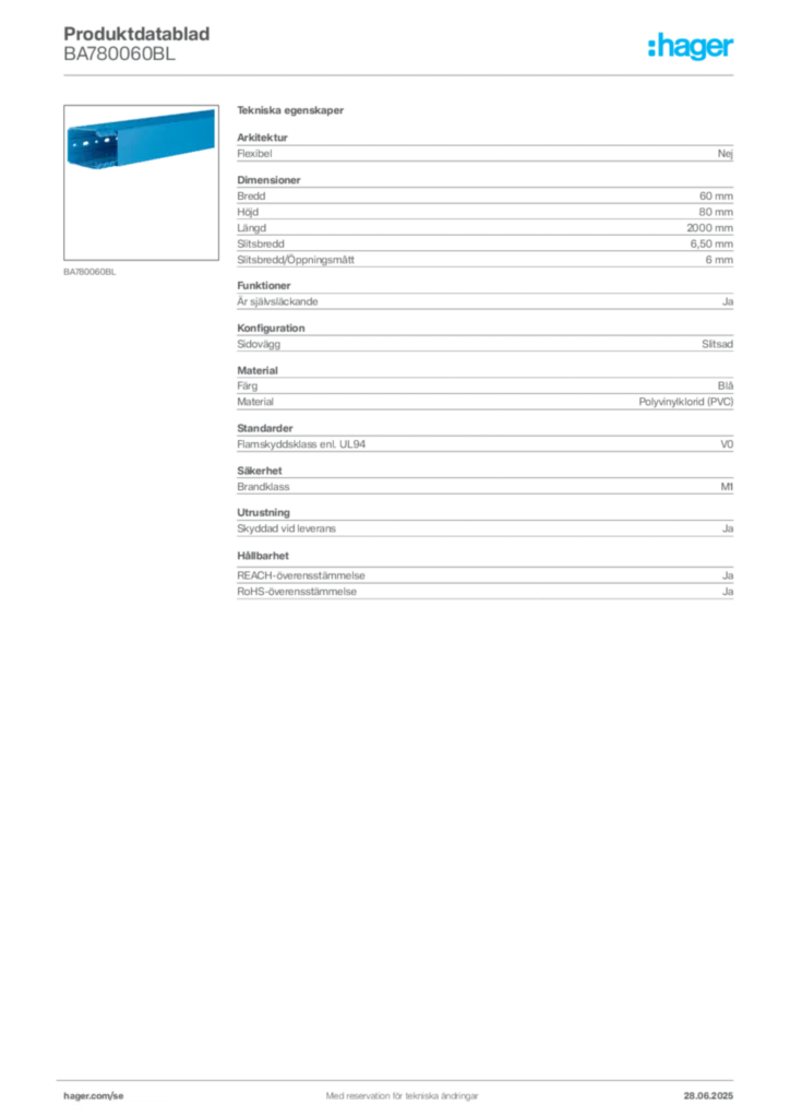 Bild Hager Produktdatablad BA780060BL | Hager Sverige