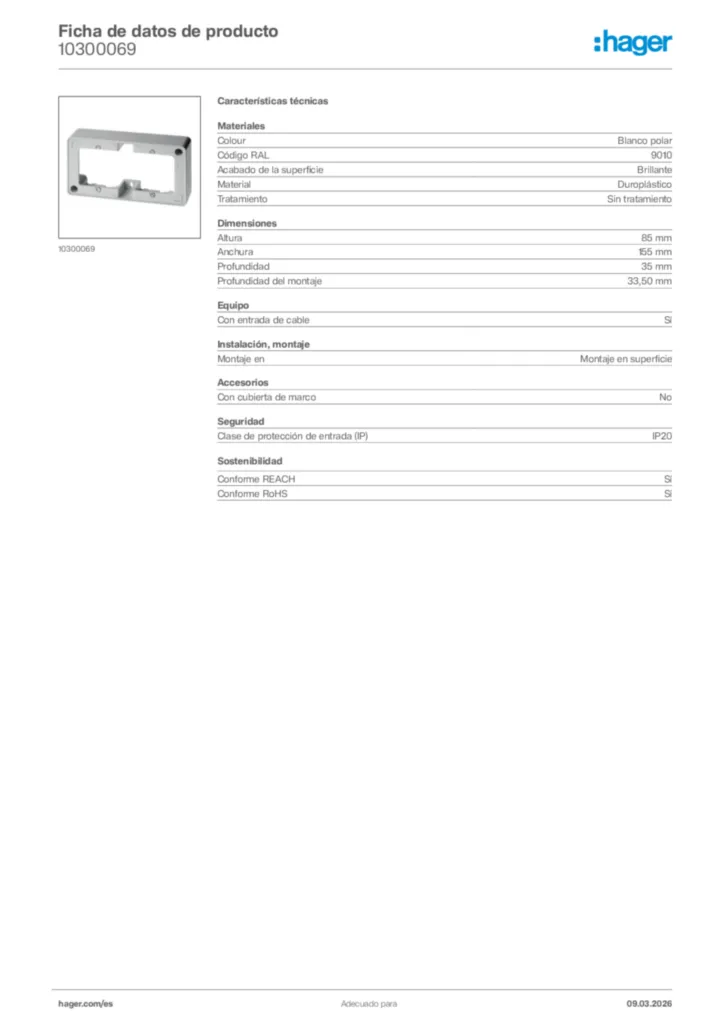 Imagen Hager Ficha de datos de producto 10300069 | Hager España