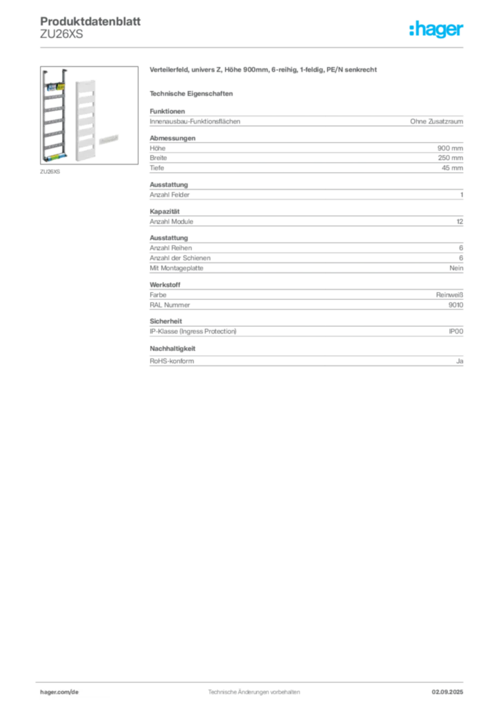 Bild Hager Produktdatenblatt ZU26XS | Hager Deutschland