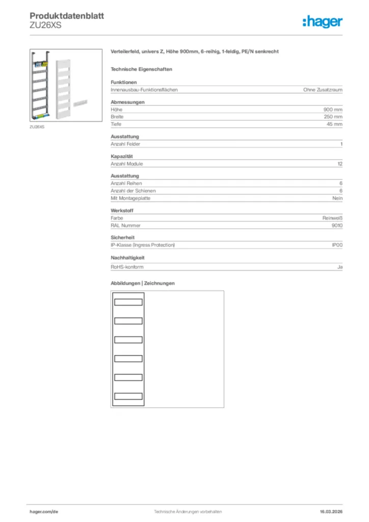 Bild Hager Produktdatenblatt ZU26XS | Hager Deutschland