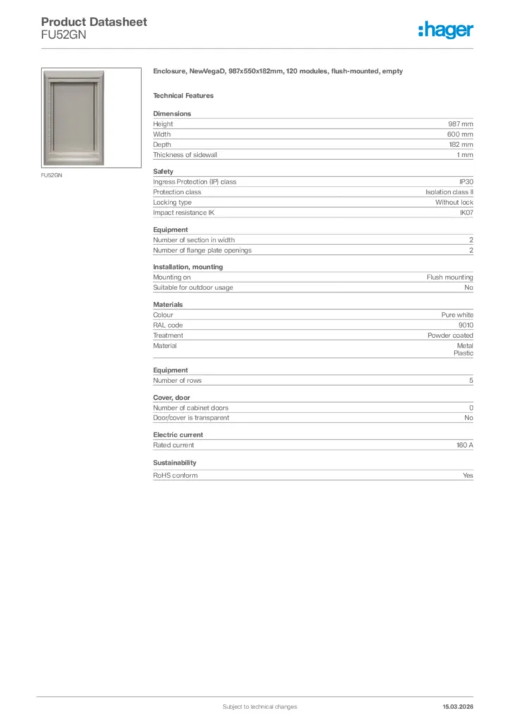 Image Hager Product data sheet FU52GN  | Hager Africa