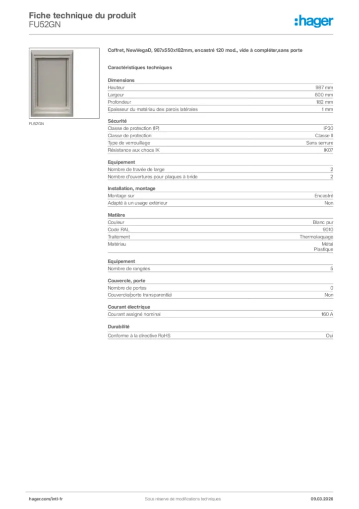 Image Hager Fiche technique du produit FU52GN | Hager Afrique