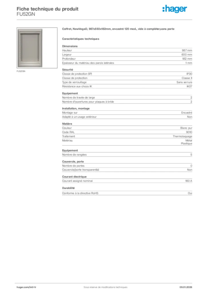 Image Hager Fiche technique du produit FU52GN | Hager Afrique