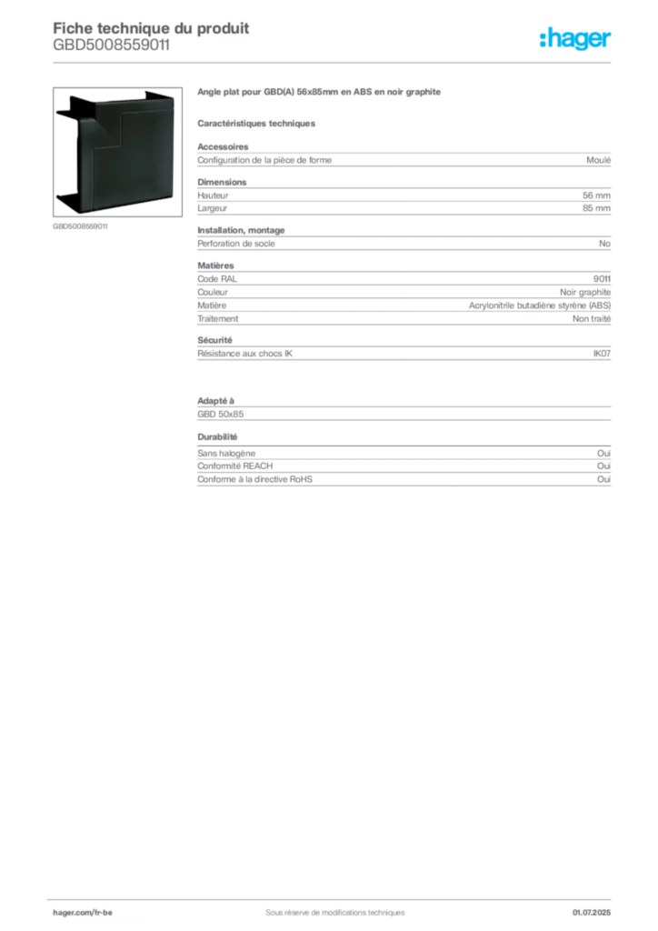 Image Hager Fiche technique du produit GBD5008559011 | Hager Belgique