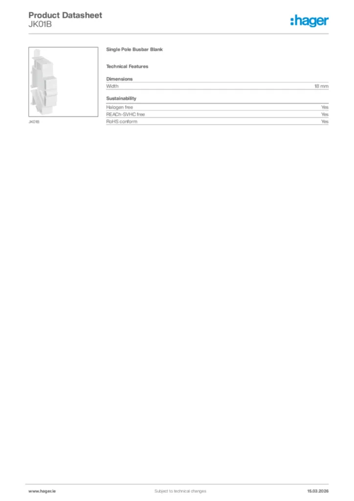 Image Hager Product data sheet JK01B  | Hager