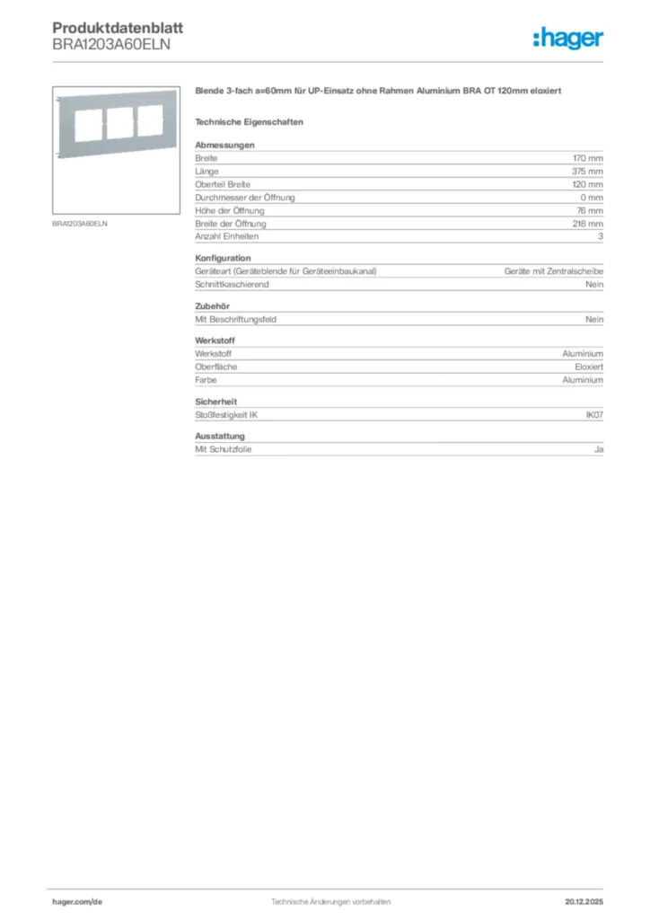 Bild Hager Produktdatenblatt BRA1203A60ELN | Hager Deutschland