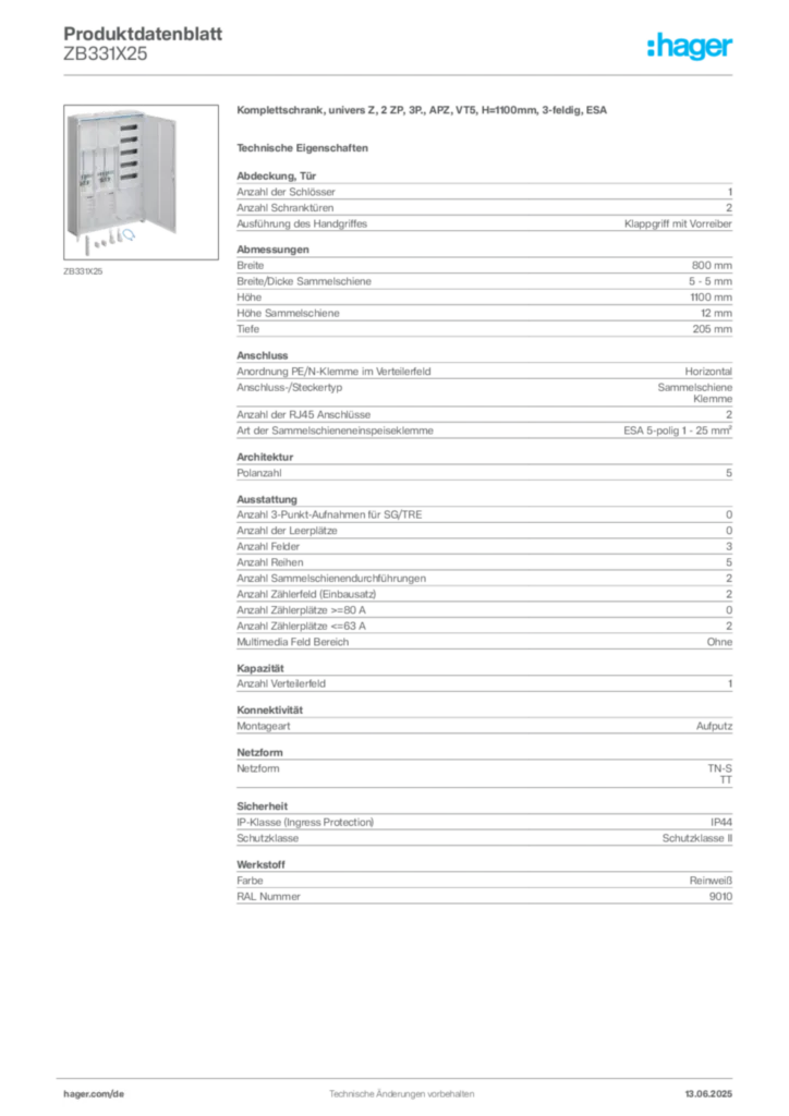 Bild Hager Produktdatenblatt ZB331X25 | Hager Deutschland