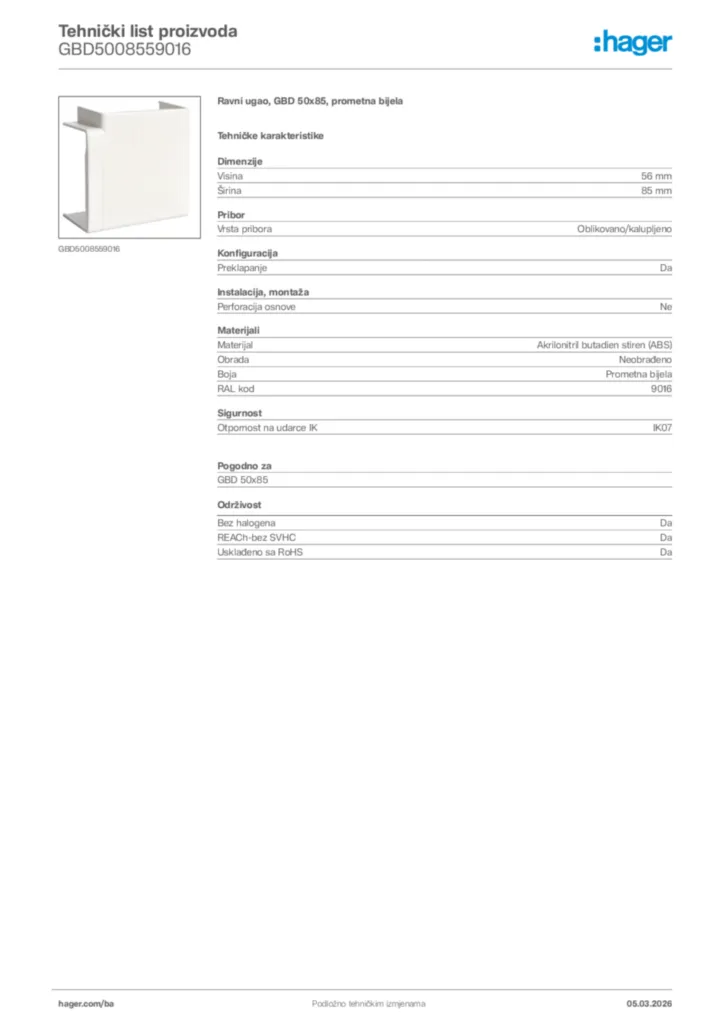 Slika Hager Tehnički list proizvoda GBD5008559016  | Hager