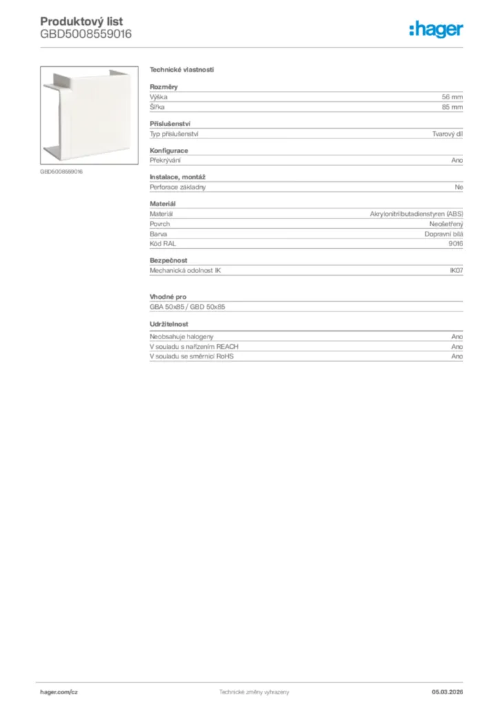 Obrázek Hager Product data sheet GBD5008559016 | Hager