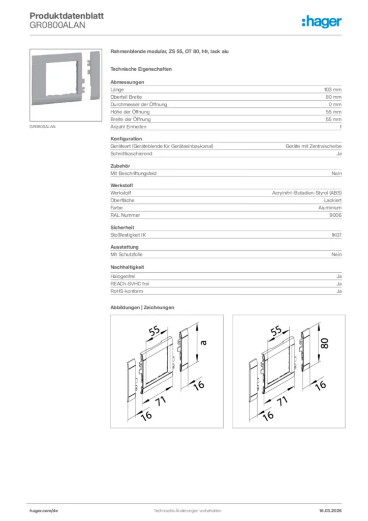 Bild Hager Produktdatenblatt GR0800ALAN | Hager Deutschland